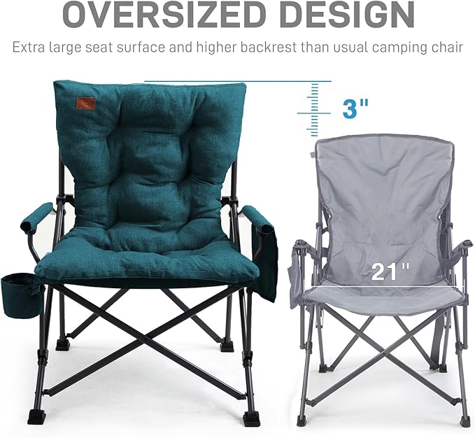 EVER ADVANCED Padded Oversized Folding Camping Chair for Adults Heavy Duty Lawn Chair with Side Pockets Portable Collapsible Quad Chair for Outside Support Up to 500lbs Green