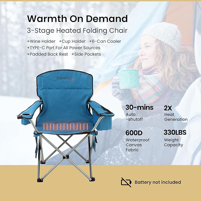 ARROWHEAD OUTDOOR 2-Pack Heated Folding Camping Chair with Cooler 3 Heat Settings Cup &amp Wine Glass Holder Carrying Bag Battery NOT Included Supports up to 330lbs
