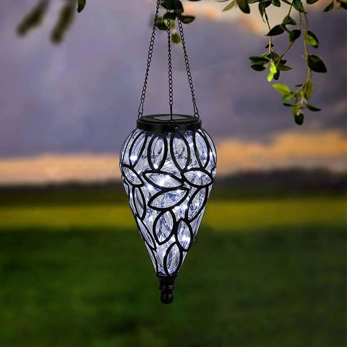 LEWIS&ampWAYNE Solar Hanging Lantern Outdoor Lights Tear-Shaped 15 LEDs Cool White Hanging Lights with S Hooks Decor in Garden Yard Pathway Front Door and Landscape