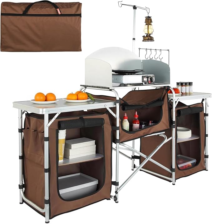 Happybuy Camping Kitchen Table Folding Outdoor Cooking Station with Storage Bag Aluminum Cook Table with 3 Cupboards &amp Detachable Windscreen Quick Setup for Picnics BBQs RV Travel Brown