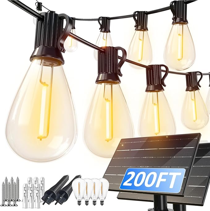 luckystyle 200FT Solar String Lights Outdoor Waterproof with 72+4 LED Bulbs Long Last for 20+Hrs Commercial Grade Shatterproof Patio Solar Powered Lights for CampingBackyard Garden Porch Decor