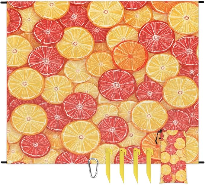Waterproof Sandproof Beach Blanket 59''×68'' Orange Slices Polyester Outdoor Picnic Blanket with 4 Stakes &amp Storage Bag for BeachCampingVacation Yellow &amp Red