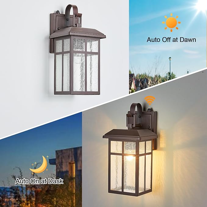 Dusk to Dawn Outdoor Wall Light Fixture Sensor Exterior Wall Sconces Brown Outside Wall Lamp for House Porch Light with Seeded Glass IP65 Waterproof Outdoor Garage Light Wall Mount E26 2-Pack