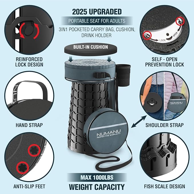 NUMANU 2026 Upgraded XXL Collapsible Stool &amp 3IN1 Cushioned Carry Bag 2.7-19.7 Height Adjustable Max 1000lbs Portable Retractable Telescoping Seat Foldable Camping Stool for Adults (XXL Roun