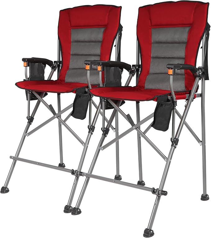 Extra Tall Folding Chairs for Adults 2 Pack Portable Bar Height Foldable Director Chairs for Camping Outside Comfortable with Makeup Pocket High Back and FootrestRed