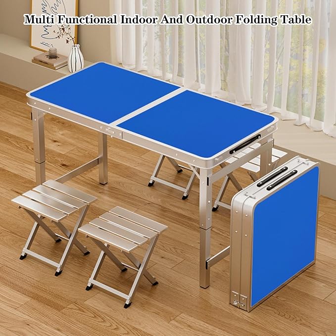 Adjustable Height Aluminum Folding Table Portable Outdoor Camping Table with Handle Compact 120X60Cm Picnic Dining Table Set with 4 Stools - Blue120X60Cm Bla80X50cm Gray