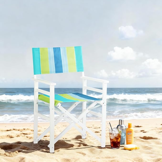 VINGLI Widen Folding Director Chair Set of 2 with Sturdy Wooden Frame &amp Beige Canvas Portable Durable for Outdoor Patio Camping Use Green and Blue Strip