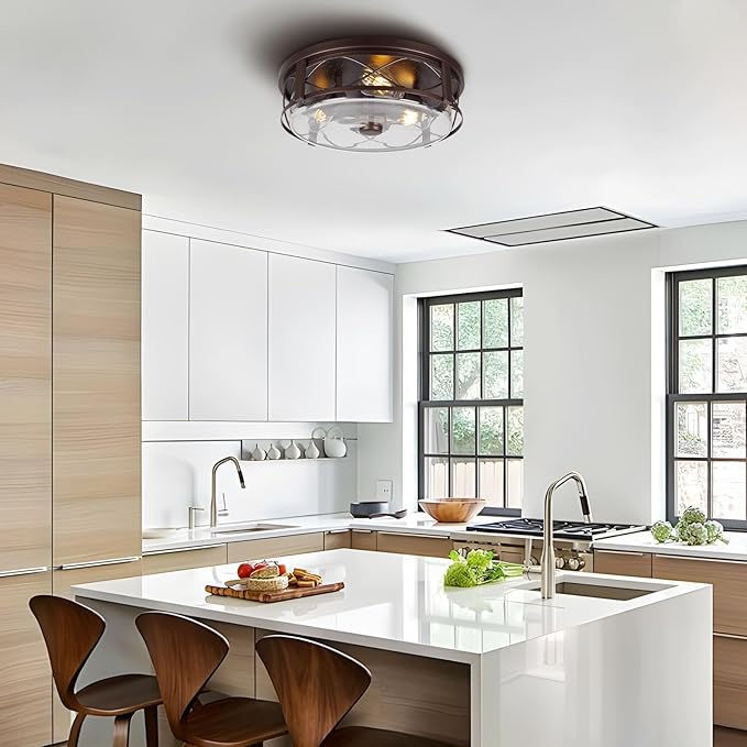 16 Inch Large Flush Mount Ceiling Light with Seeded Glass 3-Light Bronze Round Ceiling Lamp Modern Farmhouse Indoor Outdoor Ceiling Lighting for Kitchen Bedroom Living Dining Room