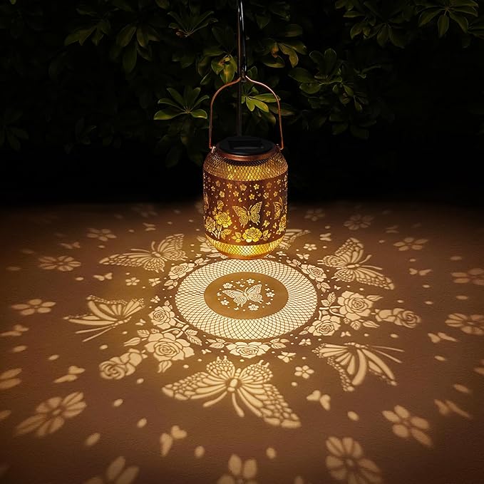 2 Pack Butterfly Solar Lanterns Outdoor Waterproof Rose Garden Decor Gifts for Mom Women Grandma Metal Hanging Solar Lights Outdoor Decoration for PatioYardPorchBackyard