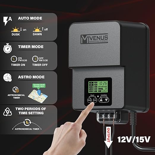 VENUS MANUFACTURING Outdoor Low Voltage Transformer 300W Landscape Lighting Transformer with Timer and Built-in Photo Sensor 120V AC to 12V-15V AC for LED Spotlight Pathway Garden Lighting