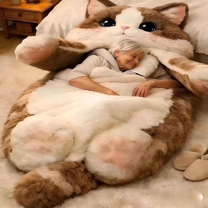 Fluffy Cat Sleeping Bag for Adults Plush Cat Shaped Sleeping Bag for Adults Adorable Cats Envelope Sleeping Bags Washable Warm Blanket for Camping and Home Lounging 68.9x31.5 Inch