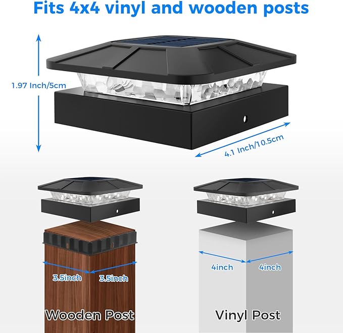 Peasur 4 Packs 4x4 Solar Post Lights Outdoor Blue &amp Warm White LED Fence Caps Light Waterproof Wood &amp Vinyl Post Top Lighting for Deck Mailbox Railing Porch Outside