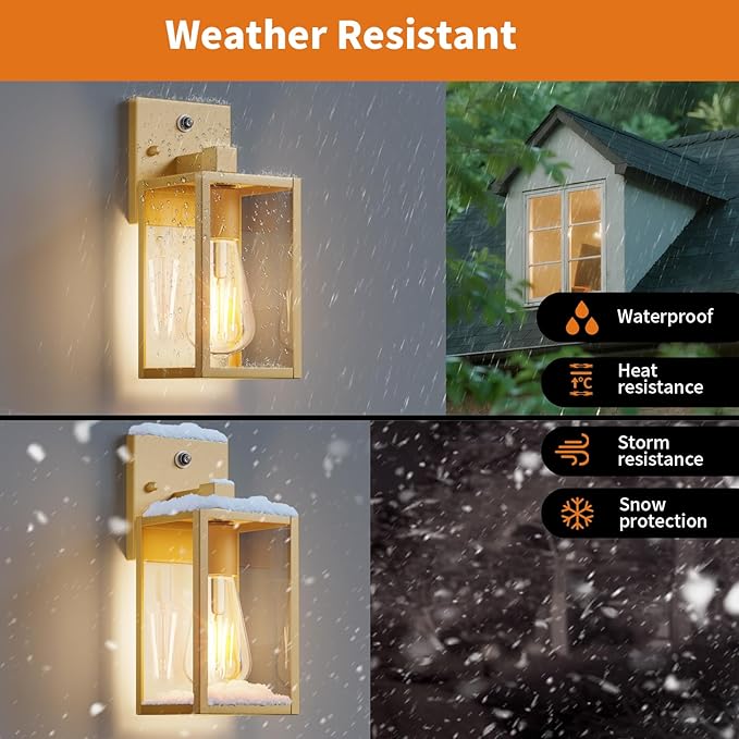 2 Pack Gold Dusk to Dawn Outdoor Front Porch Light Fixtures Wall Mount Sensor Exterior Lantern Lamp Outside Lights for House Waterproof Wall Sconce Anti Rust Coach Light for Garage Entryway