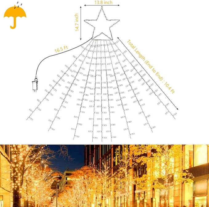 Christmas Decoration Star Lights Outdoor 320 LED 16.4Ft Christmas Tree Toppers String Lights [8 Modes&amp Waterproof] for Halloween Christmas New Year Holiday Birthday (Iron-Warm White)