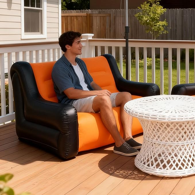 Inflatable Sofa Blow Up Couch 2 Seat Flocked PVC for Indoor Outdoor Use with Armrests Supports 150kg
