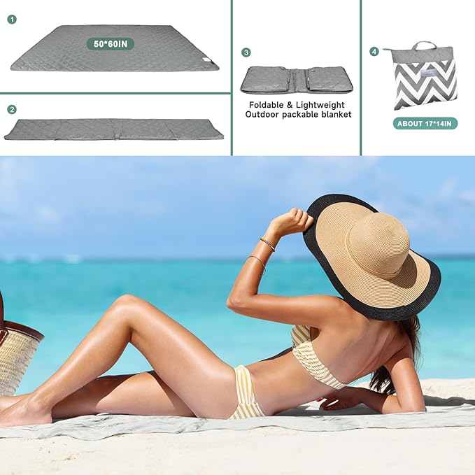 Solaris Waterproof Picnic Blanket Lightweight 50” x 60” Foldable Sandproof Beach Blanket with Large Pocket Portable Outdoor Camping Blanket Great Couples Gift Ideas Gray Wavy