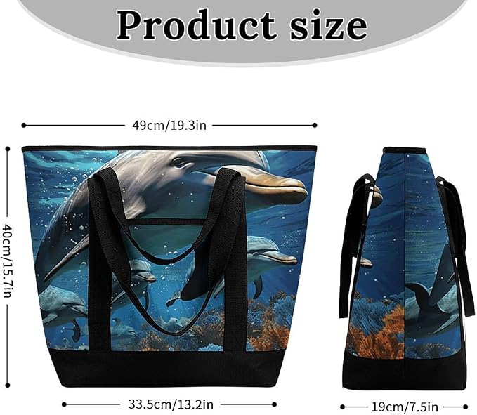 Insulated Shopping BagLarge Reusable Cooler Bags Dolphins Printed Foldable Shopping BagTravel Waterproof Shoulder Bag