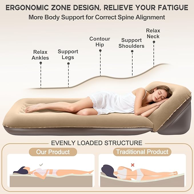 Luxfero Inflatable Couch for Camping Air Mattress with Adjustable Backrest Blow Up Couch for Adults with Flocked Surface Portable Inflatable Lounge Chair Air Sofa Bed for Indoor/Outdoor-No Pump
