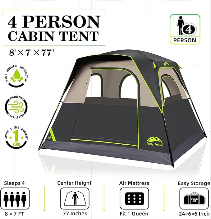 Happy Travel Tent 4 Person Tents for Camping Waterproof Easy Setup Camping Tent with Top Rainfly Portable Tall Cabin Tent with 4 Mesh Windows and Carry Bag for Outdoor Camping &amp Hiking