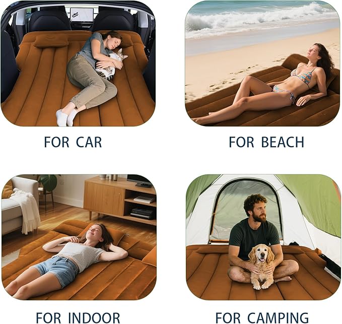 Car Air Mattress - Inflatable Camping Bed Compatible with Tesla Model Y Thickened Flocked AirBed for Trunk/Backseat/Sedan/SUV/RV Sleeping Pad with Pump and 2 Pillows for Camping Travel Outdoor Brown