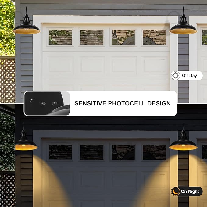 Dusk to Dawn Sensor Outdoor Barn Light Fixture 16 Inch Dome Farmhouse Outdoor Wall Sconce Exterior Wall Mount Light Industrial Black Gold Wall Lantern for Porch Garage Shed1 Pack