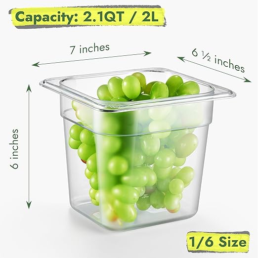 CURTA 6-Pack 1/6 Size 6 Deep NSF Polycarbonate Food Pans with Handled Lids &amp Drain Trays | Dishwasher &amp Freezer Safe Clear Container for Prep Tables Buffet Salad Bar Commercial &amp Home