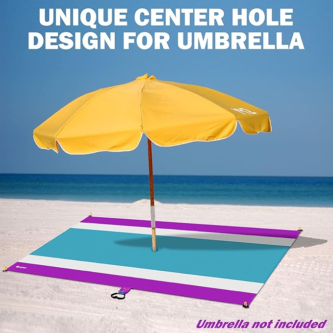 Purple Water-Resistant Sandproof 10x9ft Beach Blanket With Umbrella Hole–Beach Mat Compact and Lightweight Stuff Sack 4 Stakes Sand Pockets Works with Beach Canopies Umbrellas Kids Tent
