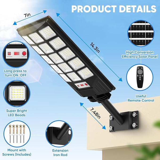 Solar Street Lights Outdoor Waterproof 25000LM 8500K Motion Sensor Solar Powered Flood Lights with Remote Control Dusk to Dawn Parking Lot Lights for OutsideYard Garden 2-Pack