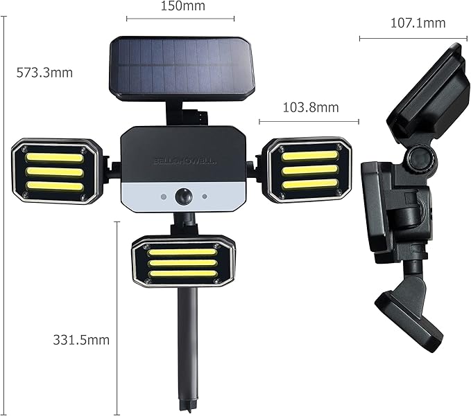 Bell+Howell Bionic Flood Light ASON TV Solar Lights Outdoor Waterproof- 50% Brighter 108 COB-LED's w/Motion Sensor 180° Swivel Adjustable Panels for Garden Lawn and Patio As Seen On TV