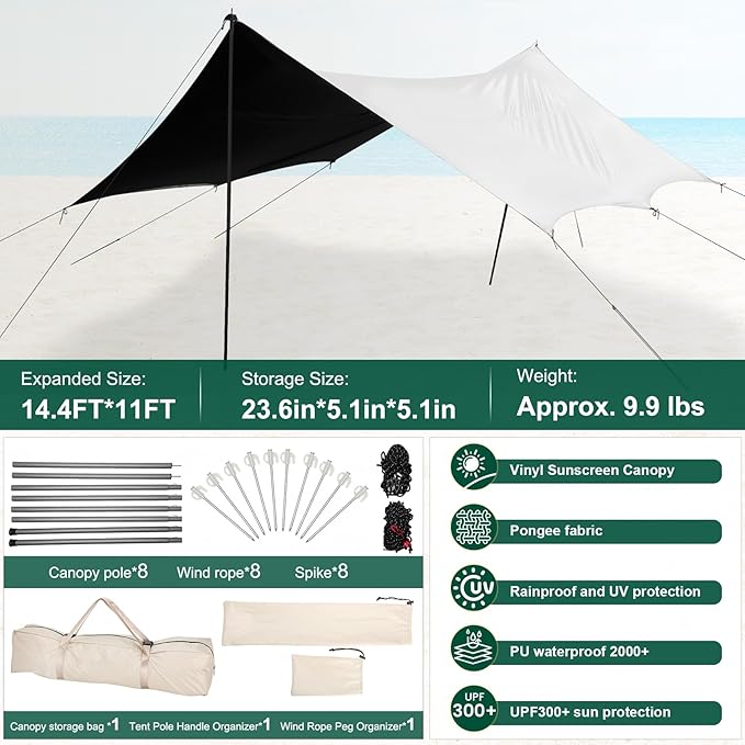14.4×11FT Camping AwningTarp TentCamping Sun ShadeCamp CanopyShade for CampingUniversal Tent RainflyGreat for Camping PicnicsBeachPatio