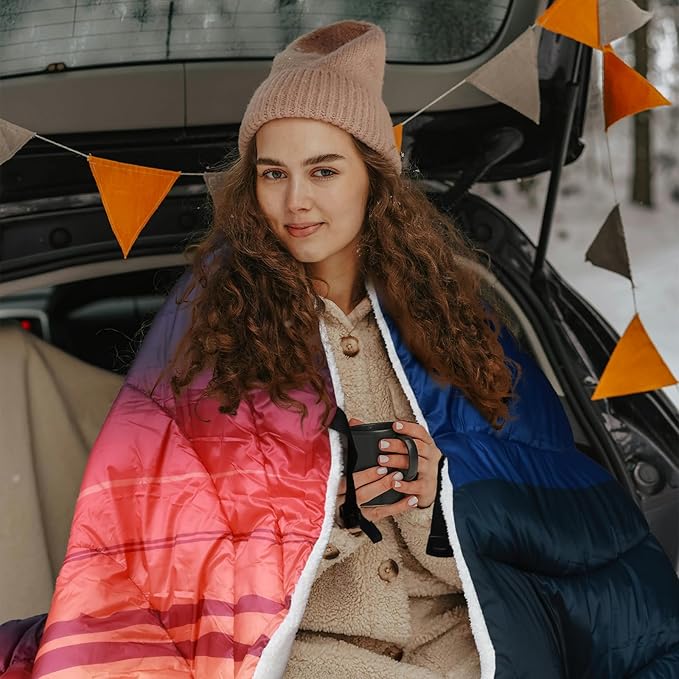 zzlamb Outdoor Camping Blanket with Sherpa LiningPuffy Thick Camp Quilt for SleepingPackable Warm Wearable Fleece Blankets for Cold WeatherTravelingBackpackingPicnicsBeachStadium 52x75in
