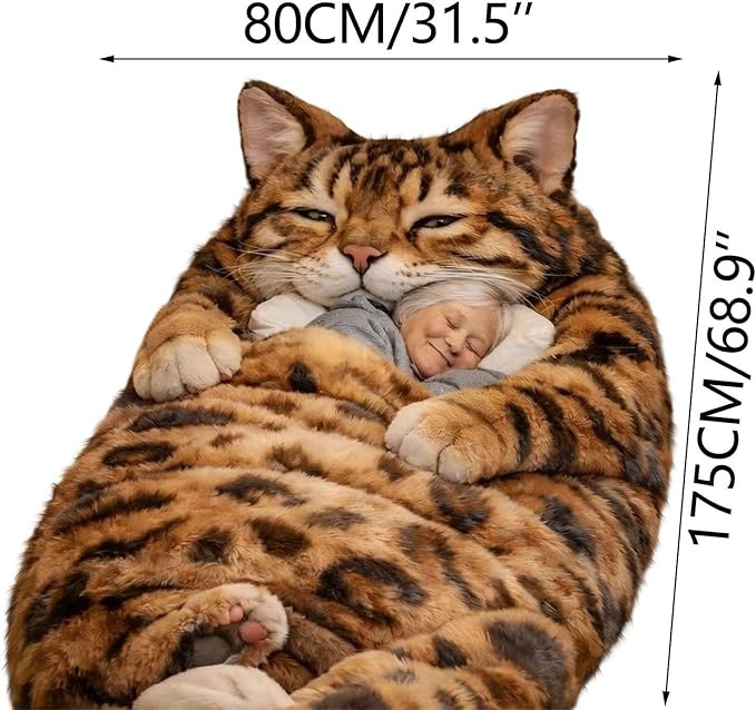 Fluffy Cat Sleeping Bag for Adults Plush Cat Shaped Sleeping Bag for Adults Adorable Cats Envelope Sleeping Bags Washable Warm Blanket for Camping and Home Lounging 68.9x31.5 Inch