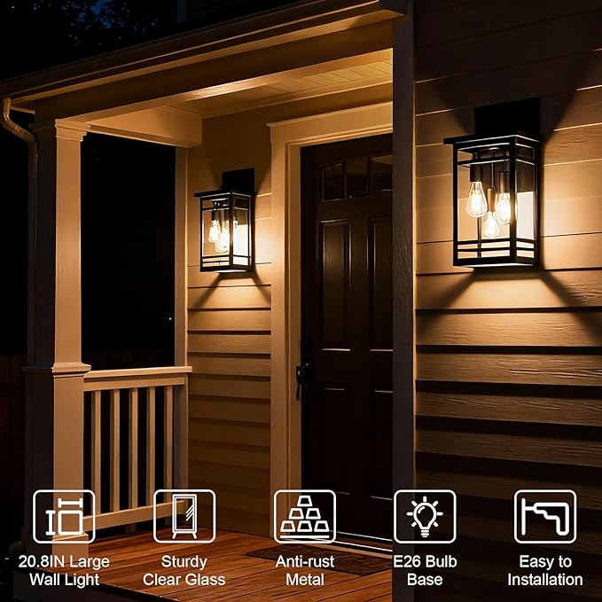 3 Lights Large Outdoor Wall Sconce LightsBlack Modern Outdoor Wall Light FixturesExterior Lighting Fixtures Waterproof Outside Front Porch Lantern for HousePatioGarage with E26 Base