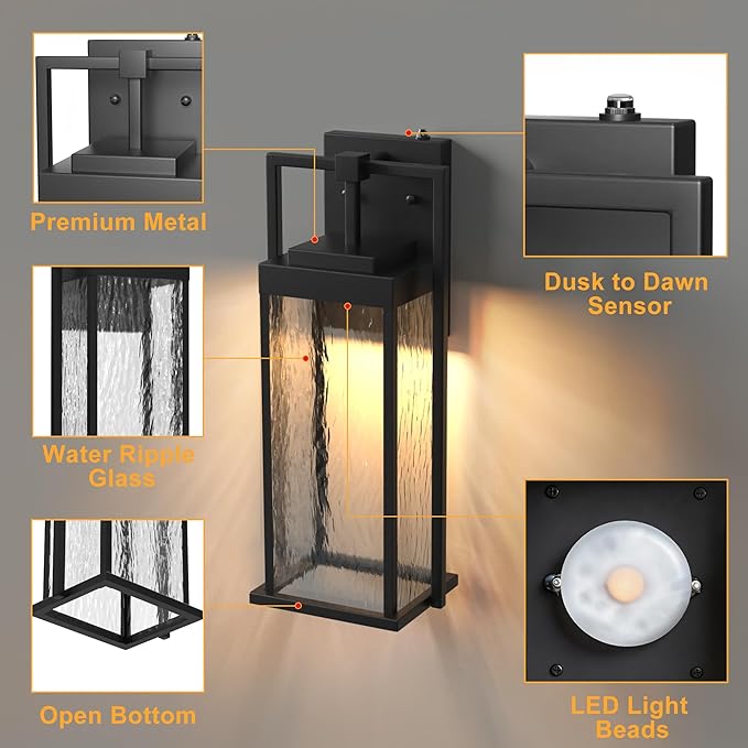 LED Outdoor Light Fixture 18Inch Waterproof Dusk to Dawn Outdoor Lighting Water Rippled Glass Exterior Lantern Sconce Modern Outside Wall Light for Porch House Garage Black