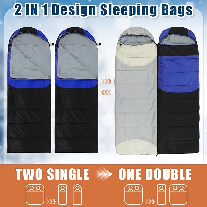 2 Pack Heated Sleeping Bag for Adults USB Electric Cold Weather Sleeping Bag with 4 Zone Carbon Fiber 3 Adjustable Heating Levels Waterproof for All Season Camping &amp Hiking