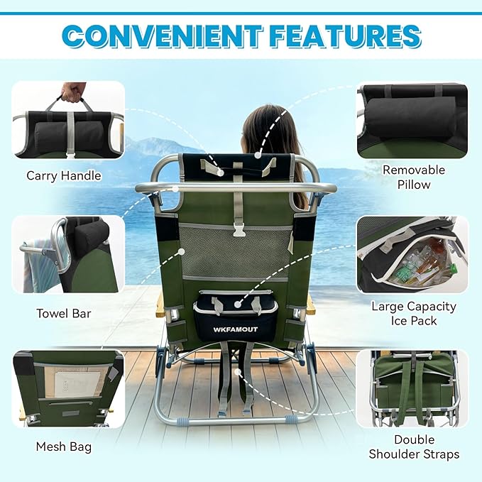 2 Pack Low Backpack Beach Chair with Folding Bamboo Table for Adults 5-Position Lay Flat Reclining Chair Lightweight with Cooler Bag Supports 265 lbs