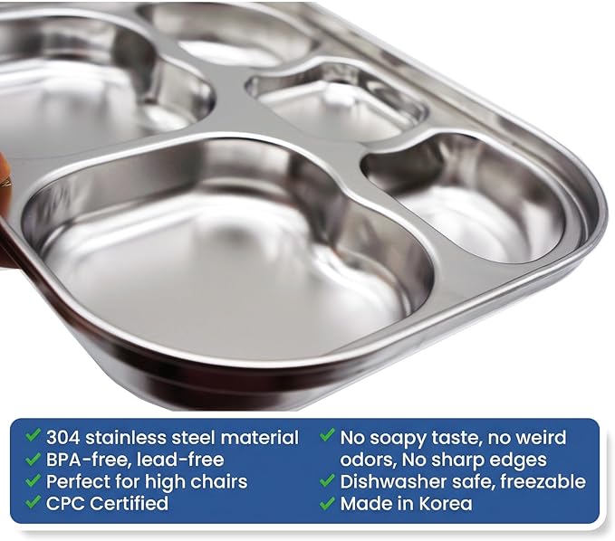 Korean Stainless Steel Divided Plates for Toddlers Kids Babies Premium 304 Electro-Polished No Black Residue BPA-Free 5-Compartment Food Tray Camping Picky Eaters Set of 2