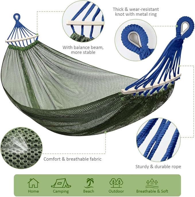 Outerman Camping Hammocks 290 * 150cm(Max 550lb)Breathable Soft Nylon Hammocks with Balance Beam Sturdy Metal Knot Tree Ropes and Travel Bag Perfect for Outdoor/Indoor Patio Backyard etc.