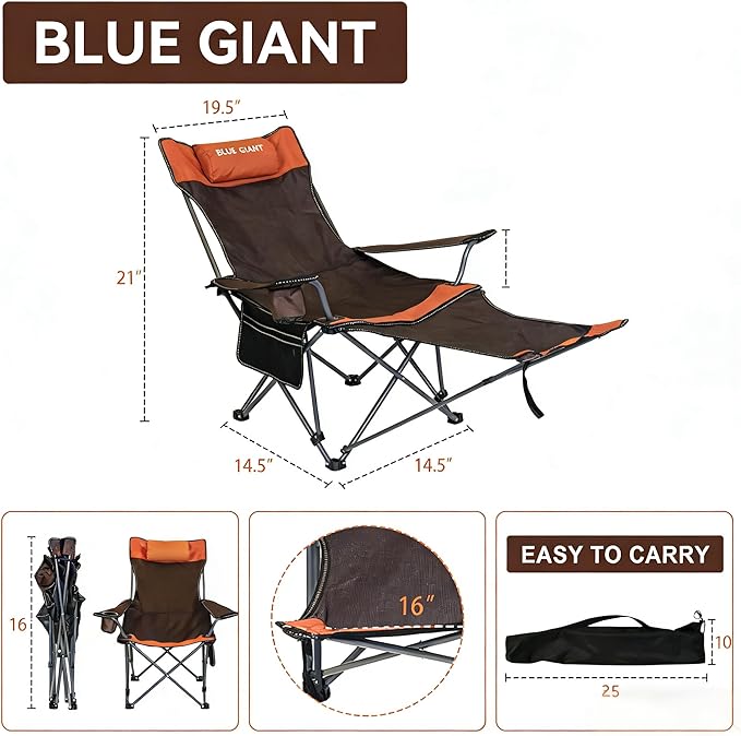 2 Pack Adjustable Folding Camping Chairs with Detachable Footrest and Headrest Lightweight and Portable Ideal for Hiking Travel Fishing and Outdoor Activities (Orange)