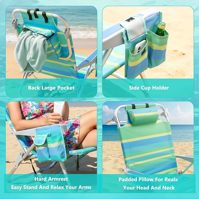 2 Pack Low Beach Chair for Adults5 Position Lay Flat Portable Folding Aluminum Reclining Backpack Beach Chairs Heavy Duty with Cup Holder Large Pocket for Outdoor/Lawn/Picnic/Fishing