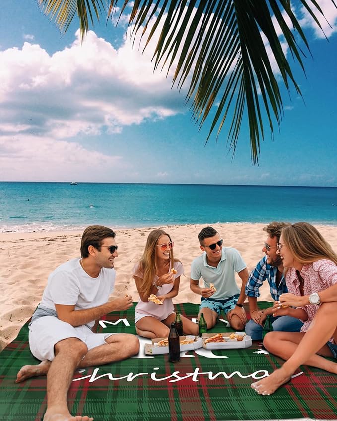 Beach Blanket Waterproof Sandproof Christmas Animal Polar Bear Tree White Shadow Quick Drying Beach Mat with 4 Stakes Green Red Buffalo Gingham Lightweight Picnic Blanket for Travel Camping 83x79