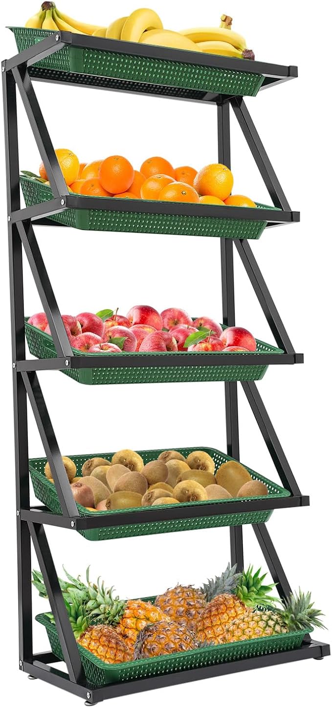 5 Tier Retail Display Rack Market ShelfFruit Vegetable High Capacity Storage Basket StandMarket Retail Display for Kitchen Office Store Supremarket (Black Basket)