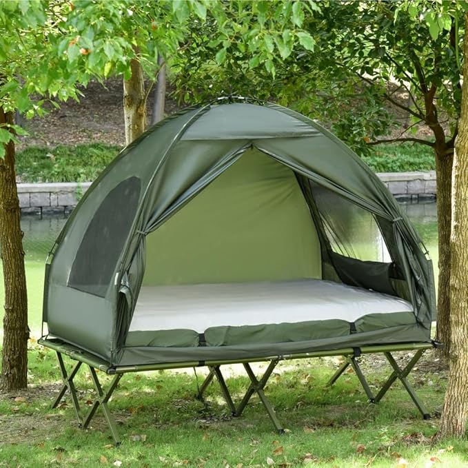 2 Person Foldable Camping Cot with Tent Bedspread and Thick Air Mattress 4-in-1 Elevated Camping Bed Tent for Outdoor Hiking Picnic Travel