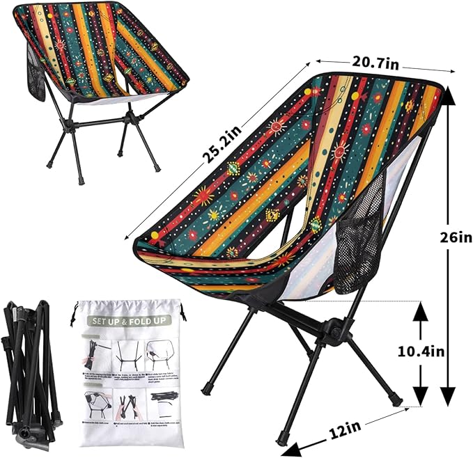Honeybaby Folding Camping Chair Stripes Boho Camping Chairs Lightweight Portable Chair Outdoor Foldable Chairs for Camping Travel Picnic Beach Hiking