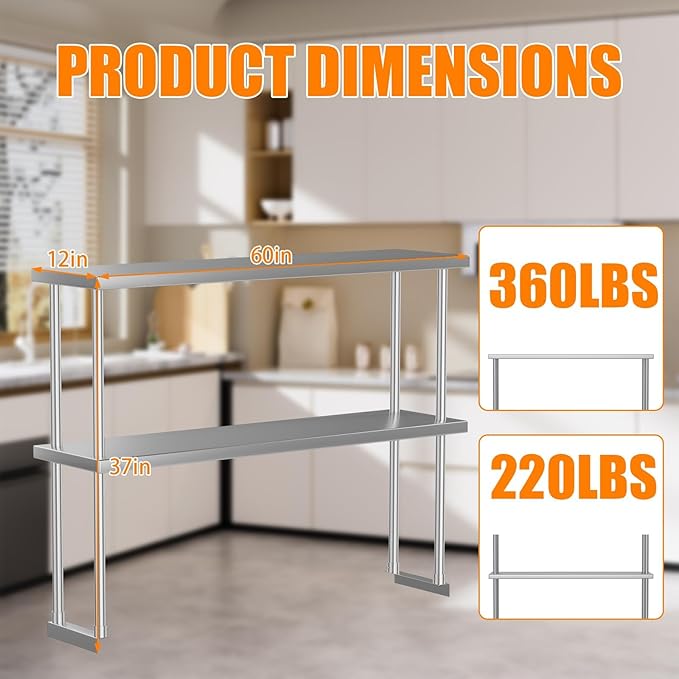 2-Tier Stainless Steel Overshelf for Work &amp Prep Table 60 X 12 Commercial Adjustable Double Shelf Heavy Duty Storage Rack for for Kitchen Utility Room Restaurant Garage