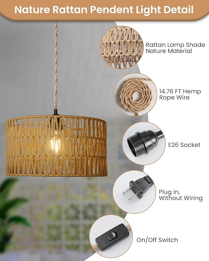 12.6 Inch Boho Hanging Light with Plug in Cord Rattan Hanging Lamp Hand Woven Rattan Wall Lightfor Bedroom Living Room Kitchen Nursery E26 Base IndoorWithout Bulb