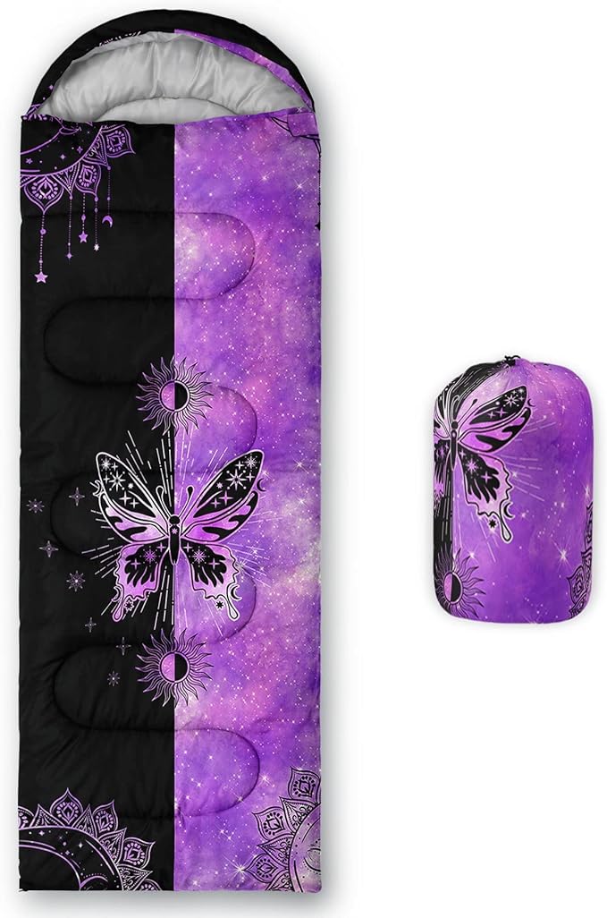 Kids Sleeping Bag for Boys GirlsBlack Purple Butterfly Print-Lightweight Warm Portable Outdoor Indoor-Waterproof Cold Weather Resistant Sleeping Bag for Camping Hiking(Butterfly1)