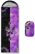 Kids Sleeping Bag for Boys GirlsBlack Purple Butterfly Print-Lightweight Warm Portable Outdoor Indoor-Waterproof Cold Weather Resistant Sleeping Bag for Camping Hiking(Butterfly1)
