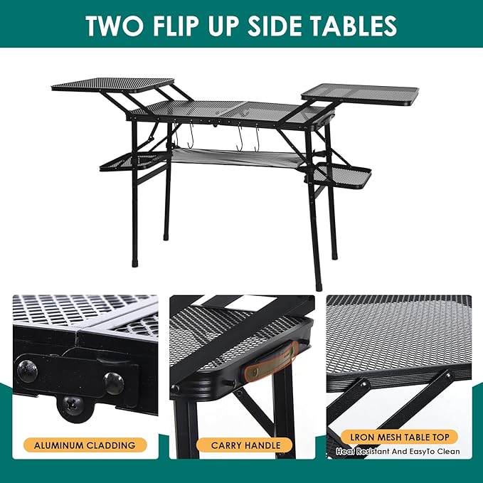 CDEN Camping Table Campact Table Folding Portable Tables Tailgate Tables with Side Table 4 Side Shelves mesh net for Camping Picnic BBQ