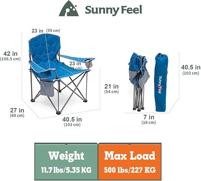 SUNNYFEEL XXL Oversized Camping Chair Heavy Duty 500 LBS for Big Tall People Above 6'4 Padded Portable Folding Sports Lawn Chairs with Armrest Cup Holder &amp Pocket for Outdoor/Travel/Picnic/Camp